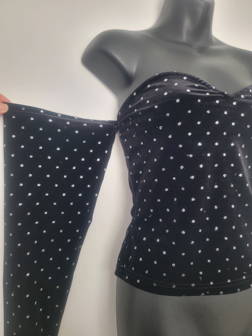 Velvet Off-Shoulder Polka Dot Cami Top - Black